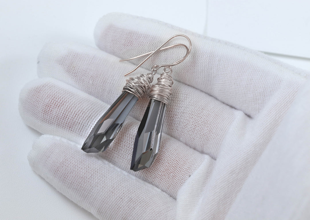 Spyglass Designs Wire Wrap Earrings created with Silvery Black Crystals from Swarovski ® 14k Solid Gold or Sterling Silver Dangle Drops 2 in