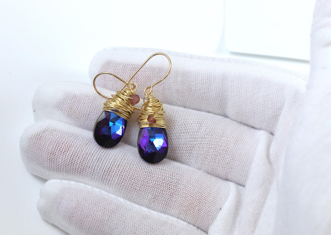 Spyglass Designs Wire Wrap Earrings created with Heliotrope Blue Sapphire Crystal from Swarovski ® 14k Solid Gold or Sterling Silver Dangle