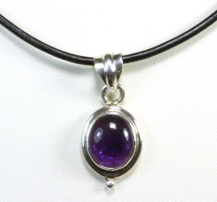 Purple Amethyst pendant smooth Sterling Silver Oval Pendant Black Leather Necklace Bezel Set Deep Color Simple Design Everyday Wear