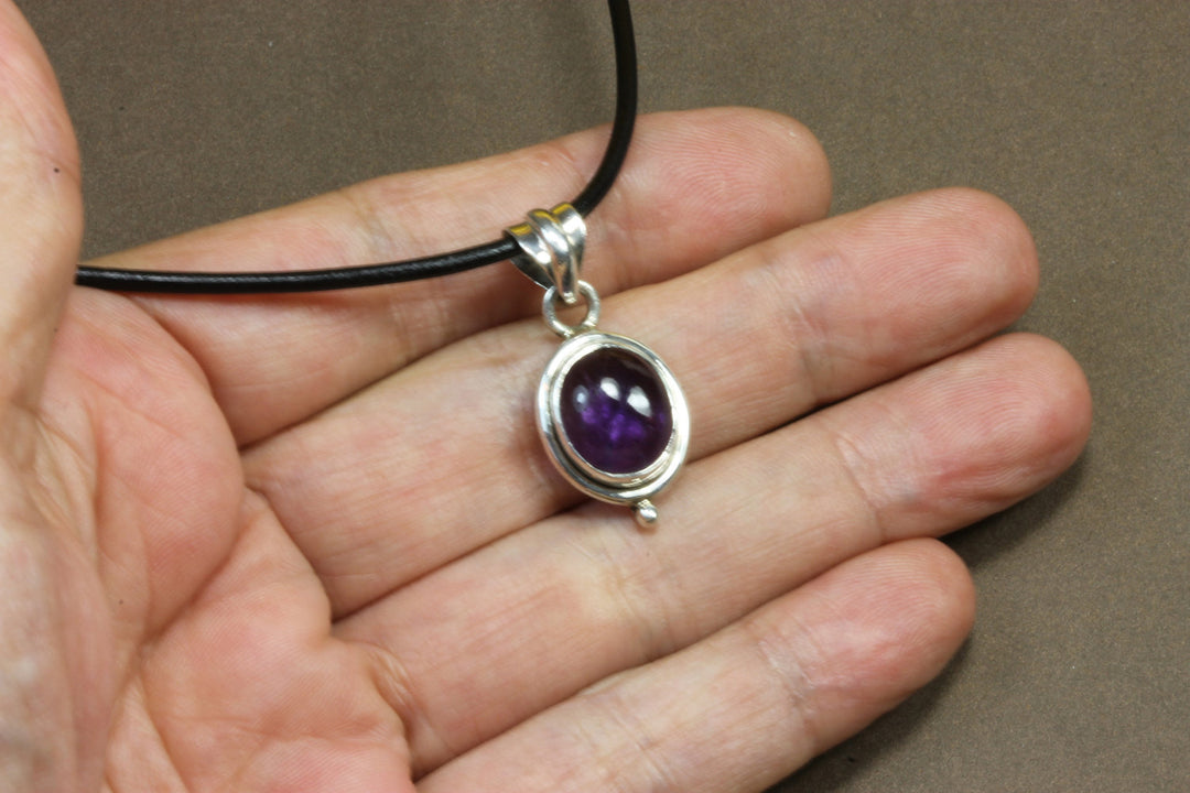 Purple Amethyst pendant smooth Sterling Silver Oval Pendant Black Leather Necklace Bezel Set Deep Color Simple Design Everyday Wear