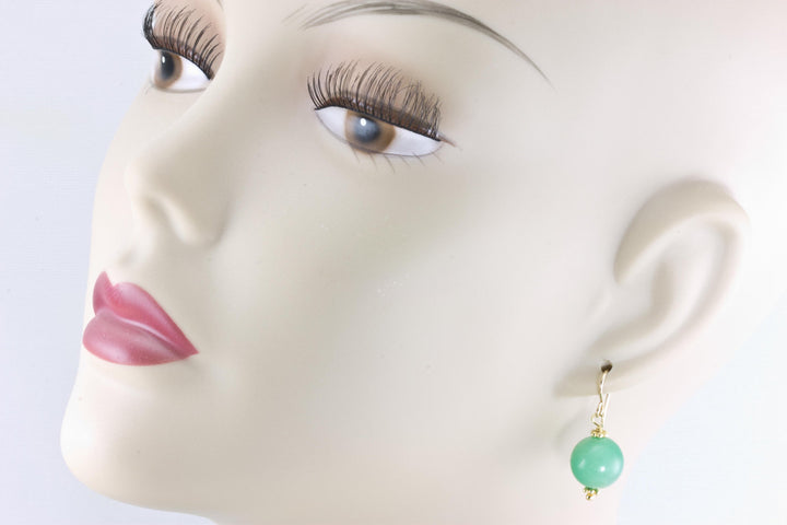 Siberian Green Jade Earrings Round smooth dangle drop 14k Solid gold or Filled or Sterling Silver Round Simple Light Green Spyglass Designs