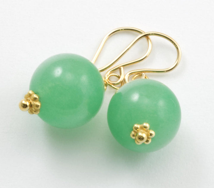 Siberian Green Jade Earrings Round smooth dangle drop 14k Solid gold or Filled or Sterling Silver Round Simple Light Green Spyglass Designs
