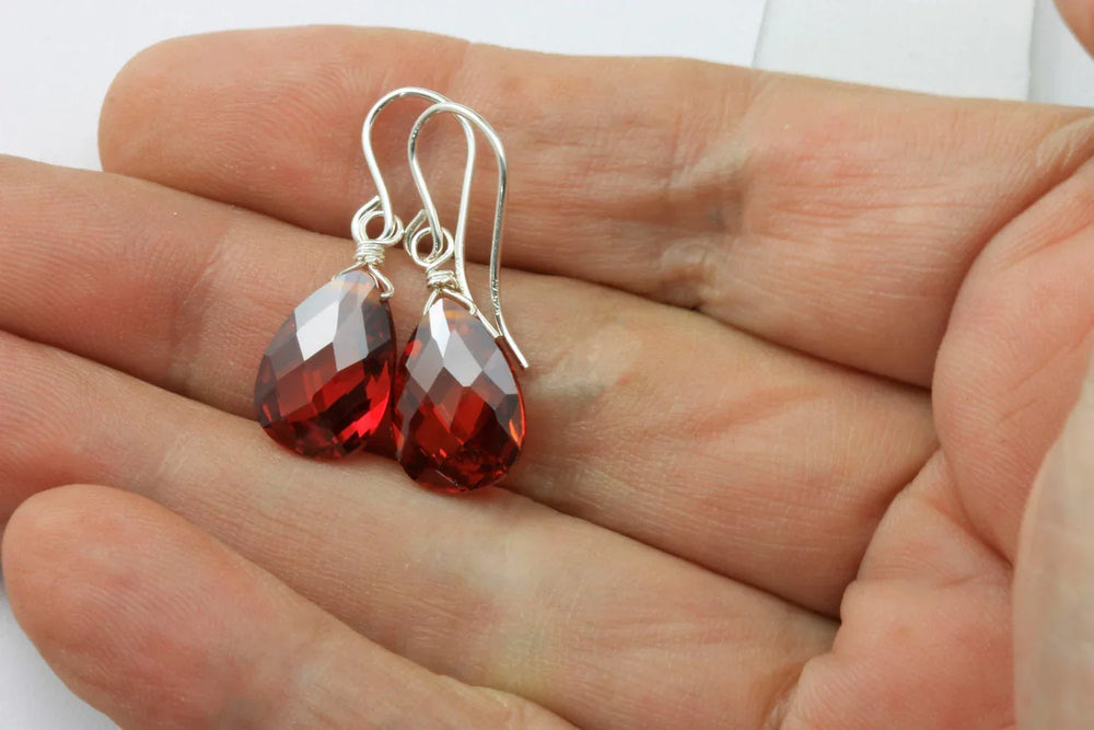 Garnet Red Cubic Zirconia Earrings Teardrop AAA CZ Briolette Sterling Silver or 14k Solid Gold or Filled Pear Faceted Simple Dainty Drops - Spyglass Designs