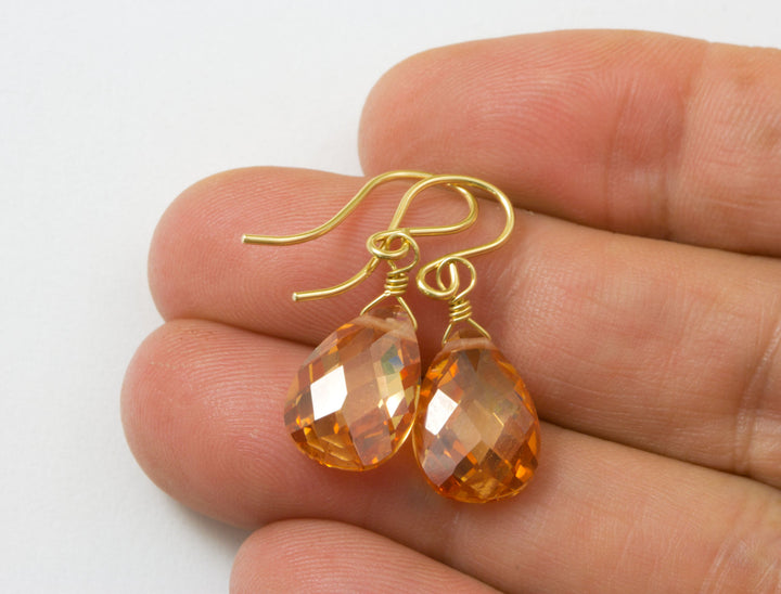 Champagne Cognac Cubic Zirconia Earrings Faceted Pear AAA CZ 14k Solid Gold or Filled or Sterling Silver Sim Diamond Dainty Classic Drops