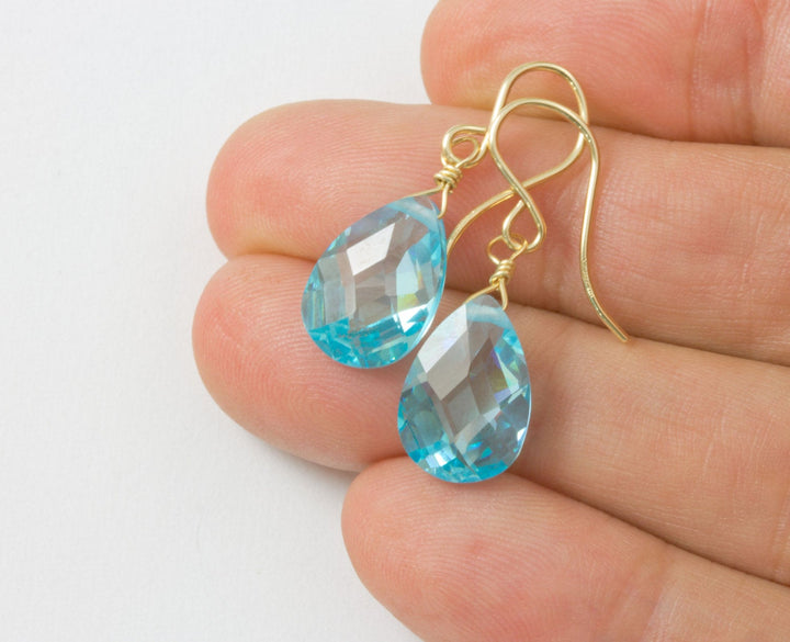 Aquamarine Cubic Zirconia Earrings Faceted Aqua Blue AAA CZ  14k Solid Gold or Filled or Sterling Silver Pear Teardrops Simple Aqua Drops