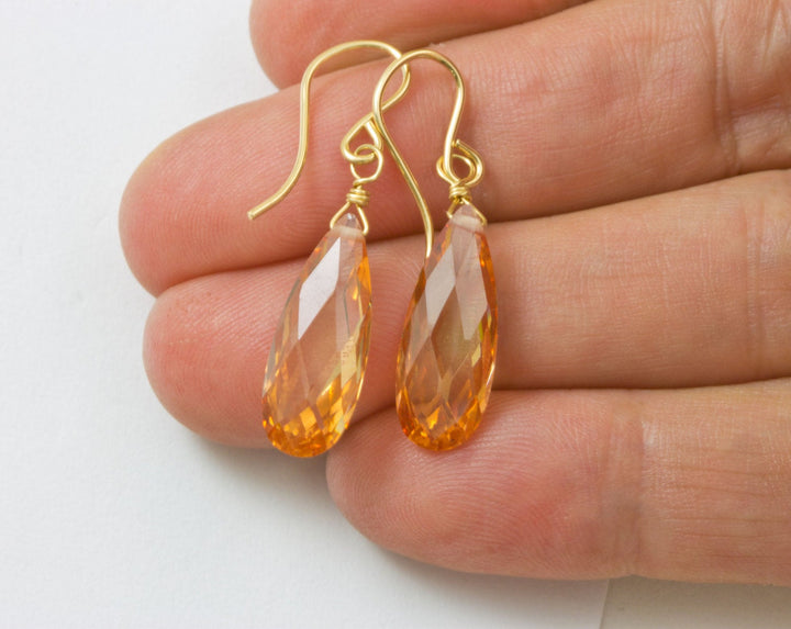 Peach Champagne Cognac Cubic Zirconia Earrings Faceted Long Teardrop CZ 14k Solid Gold or Filled or Sterling Silver Sim Diamond Dainty Drops