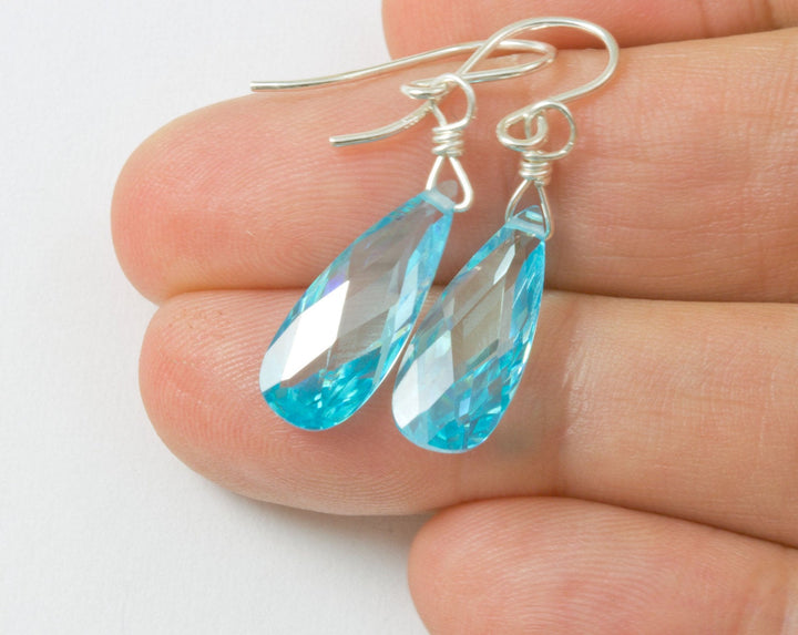 Aquamarine Cubic Zirconia Earrings Faceted Aqua Blue Long AAA CZ  Sterling Silver or 14k Solid Gold or Filled Dainty Teardrops Simple Drops