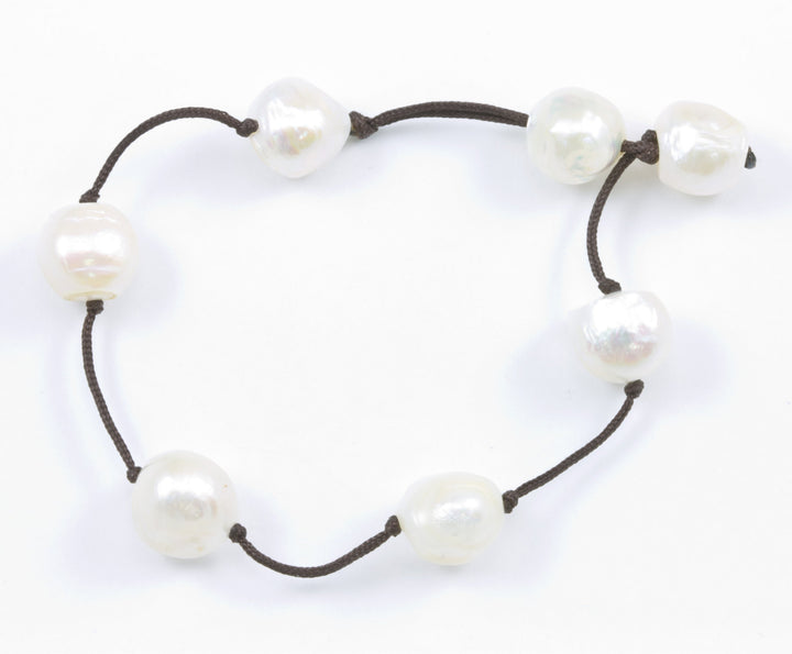 Pearl Bracelet Large White Freshwater Cultured Pearls Brown braided silk high luster pearls Bracelet Spyglass Designs Daily Simple  7 7.5 In