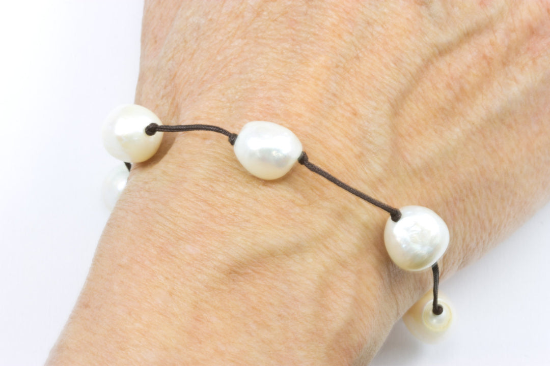 Pearl Bracelet Large White Freshwater Cultured Pearls Brown braided silk high luster pearls Bracelet Spyglass Designs Daily Simple  7 7.5 In