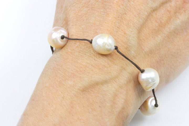 Pearl Bracelet Large Multi Color Peach Pink Freshwater Pearls Brown braided silk luster pearls Spyglass Designs Contemporary Daily 7 7.5 Inc