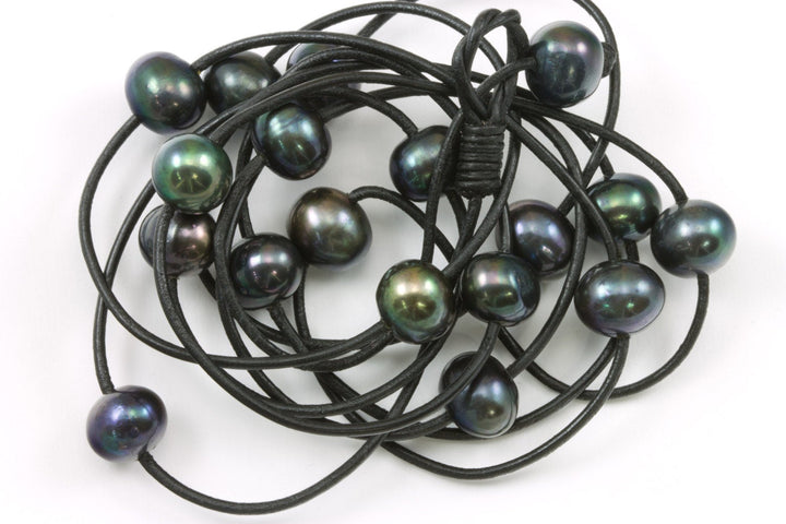 Pearl Necklace Large Black Peacock Freshwater Pearls Leather Necklace 62" Knotted Wrap High Luster Pearl Wrap Bracelet Spyglass Designs AAA