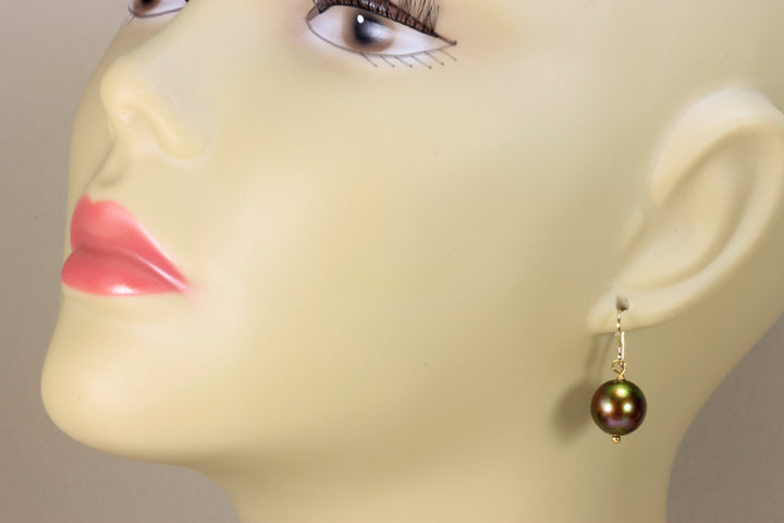 Chocolate Pearl Earrings Freshwater Cultured Pearls Round Drops 14k solid yellow gold or filled or Sterling silver Dangles Simple Pearl