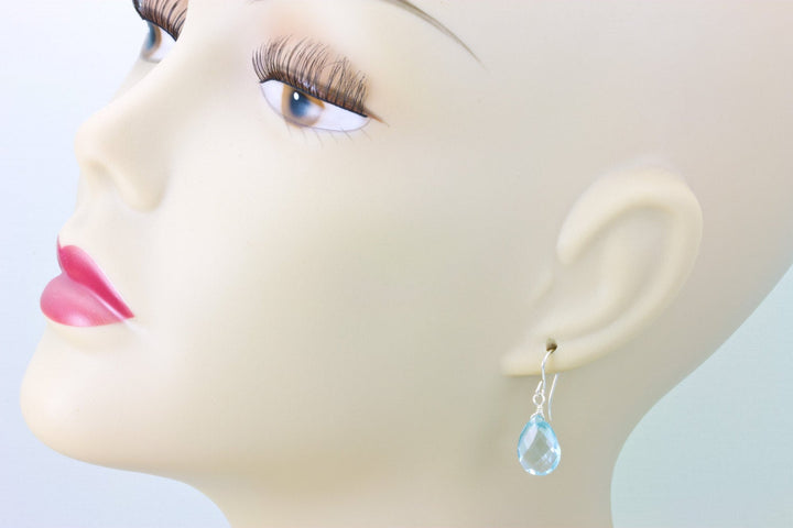 Aquamarine Earrings faceted Simulated Aqua Pear Dangle Drop Teardrop Sterling Silver or 14k Solid Gold or Filled Soft Aqua Blue Simple Daily
