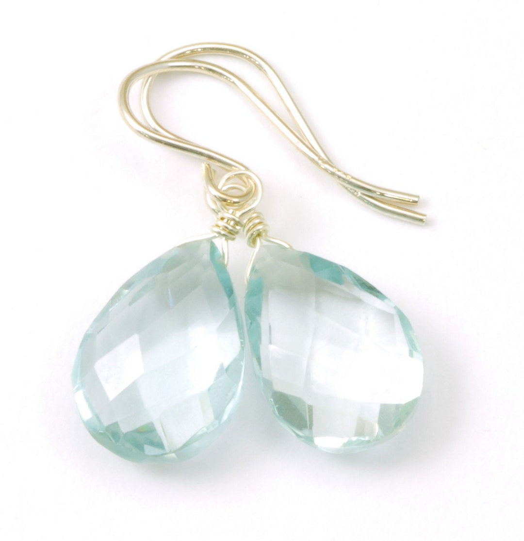 Aquamarine Earrings faceted Simulated Aqua Pear Dangle Drop Teardrop Sterling Silver or 14k Solid Gold or Filled Soft Aqua Blue Simple Daily