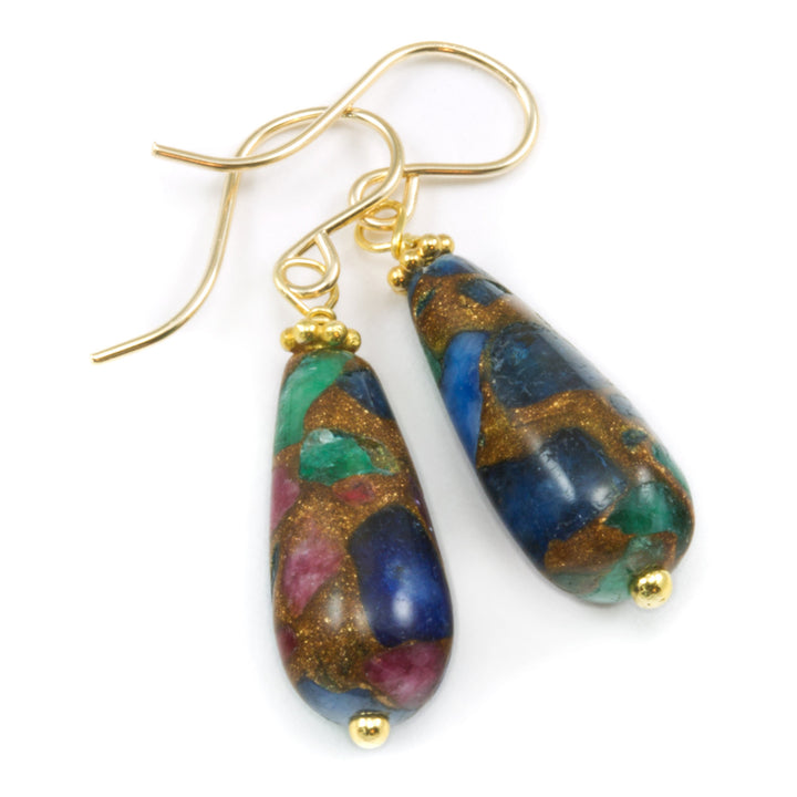 Mosaic Quartz Earrings Smooth Large Teardrop Dangle 14k solid Gold or Filled or Sterling Silver Blue Green Camel Round Drops Simple Colorful