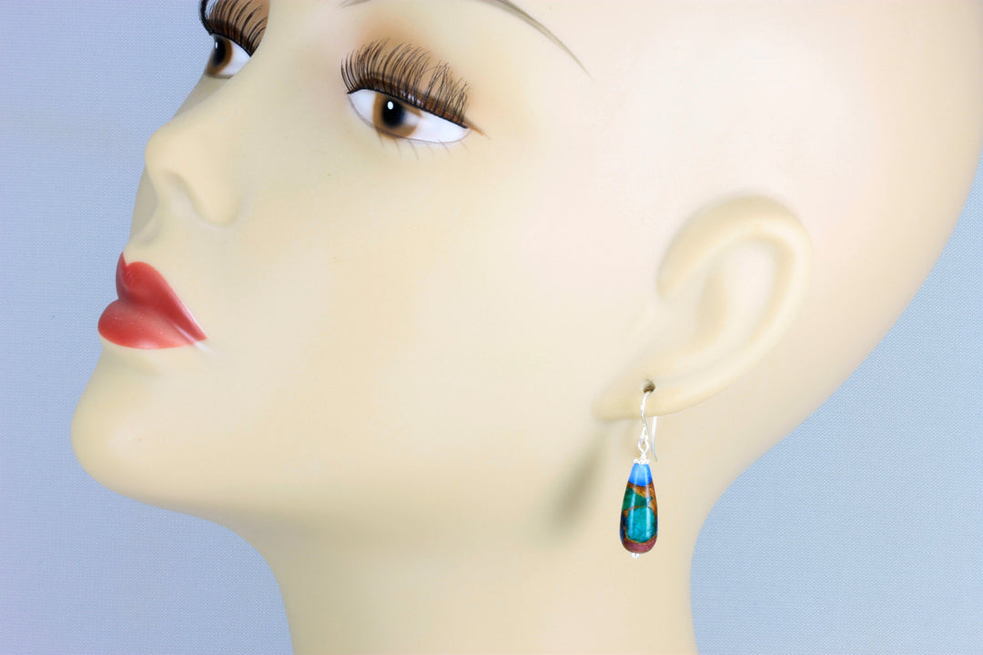 Mosaic Quartz Earrings Smooth Large Teardrop Dangle 14k solid Gold or Filled or Sterling Silver Blue Green Camel Round Drops Simple Colorful