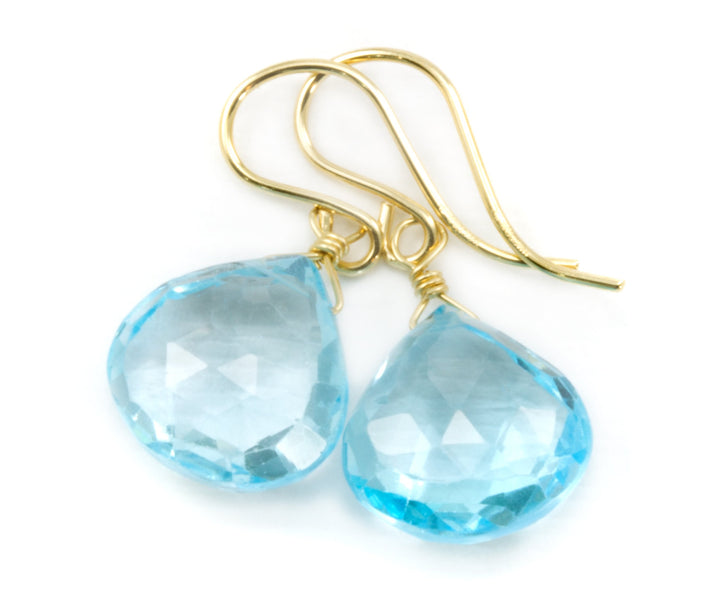 Swiss Blue Topaz Earrings Faceted Drop Dangle Tear Drops 14k Solid Gold or Filled or Sterling Silver Genuine Real Topaz Simple Heart Drops