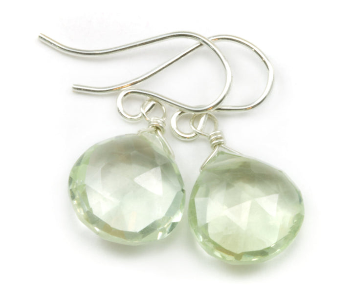 Green Prasiolite Earrings Amethyst Faceted Heart Teardrop Sterling Silver or 14k Yellow Gold or  14k Gold Filled Natural Soft Pale Simple