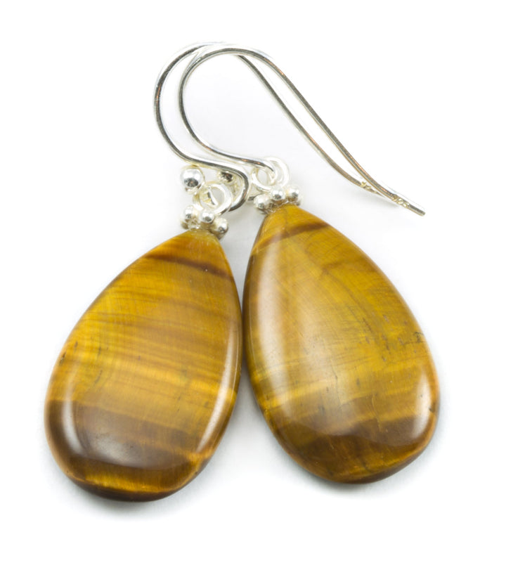 Tiger's Eye Earrings Smooth Oval Teardrop dangle drop Sterling Silver Spyglass Designs Natural Long Pear Shape Select Cut AAA Spyglass