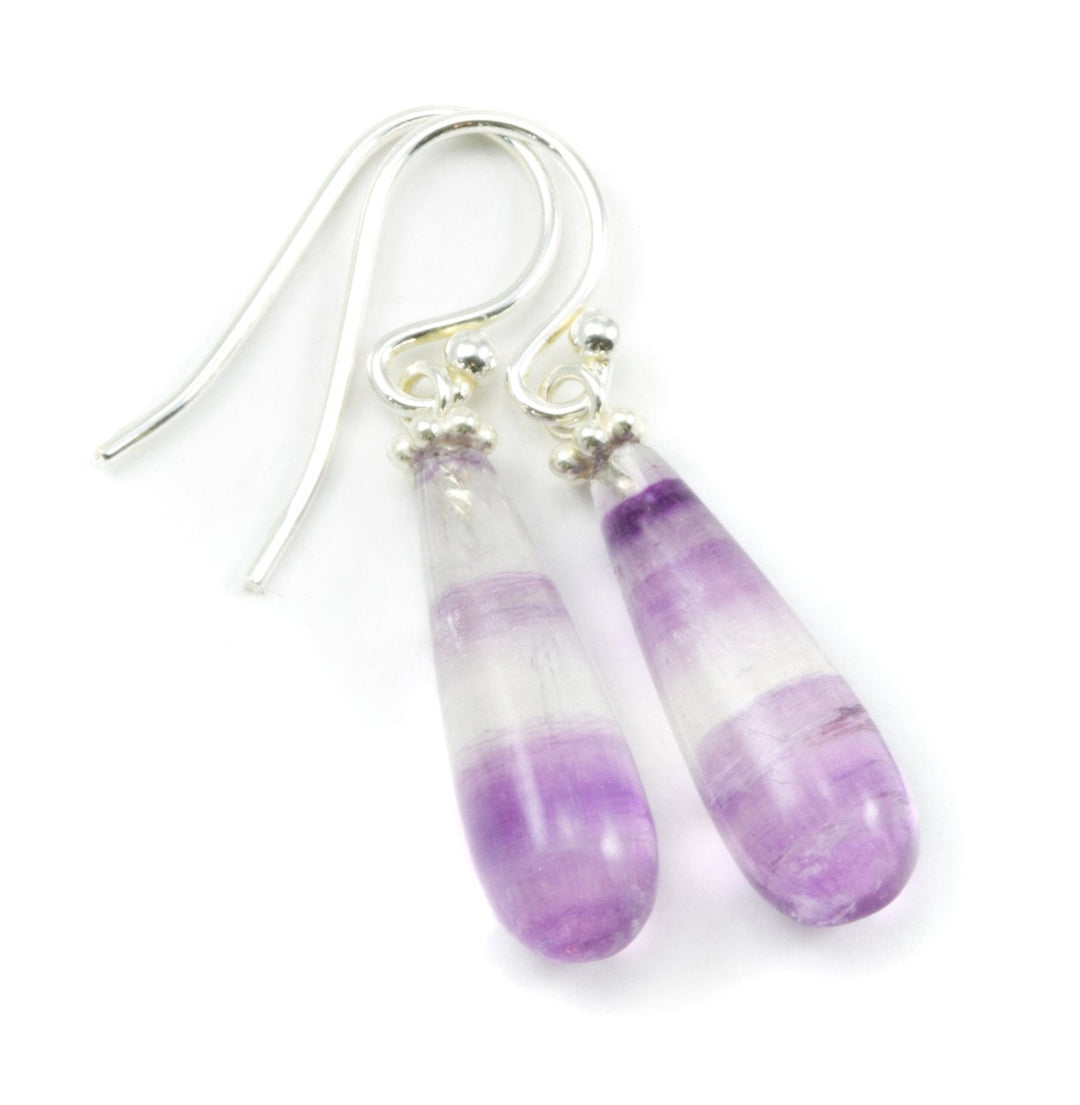 Fluorite Earrings Sterling Silver or 14k solid gold or filled Purple Striped  Smooth Teardrop  Flourite Spyglass Designs Simple Dainty Drops