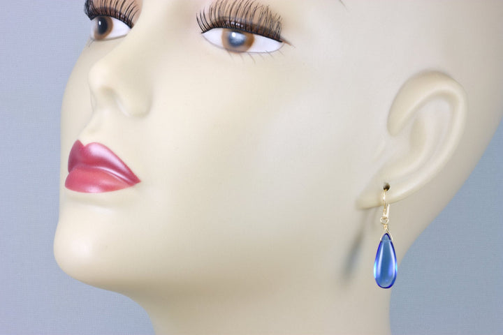 Sapphire Blue Earrings Teardrop Drop Dangle Long Simulated Smooth 14k Solid Gold or Filled or Sterling Silver Simple Spyglass Designs