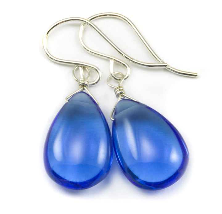 Sapphire Blue Earrings Teardrop Smooth Cut Simulated Pear 14k Solid Gold or Filled or Sterling Silver Simple Dainty Rich color hand wired