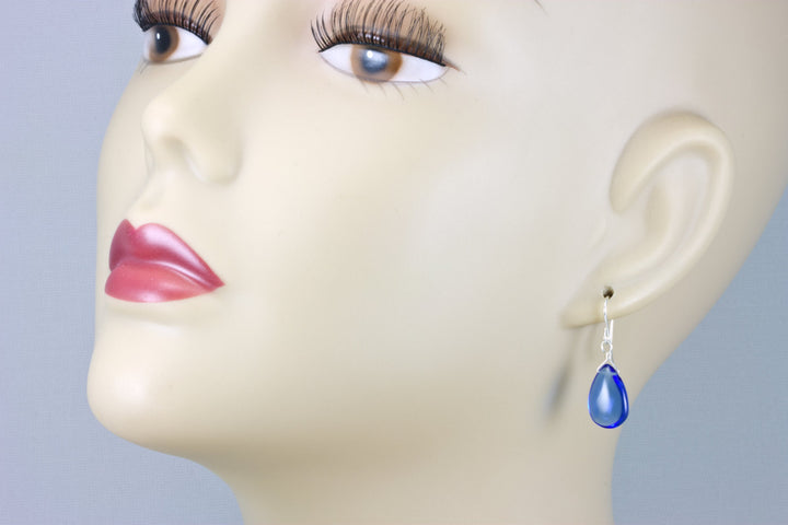 Sapphire Blue Earrings Teardrop Smooth Cut Simulated Pear 14k Solid Gold or Filled or Sterling Silver Simple Dainty Rich color hand wired