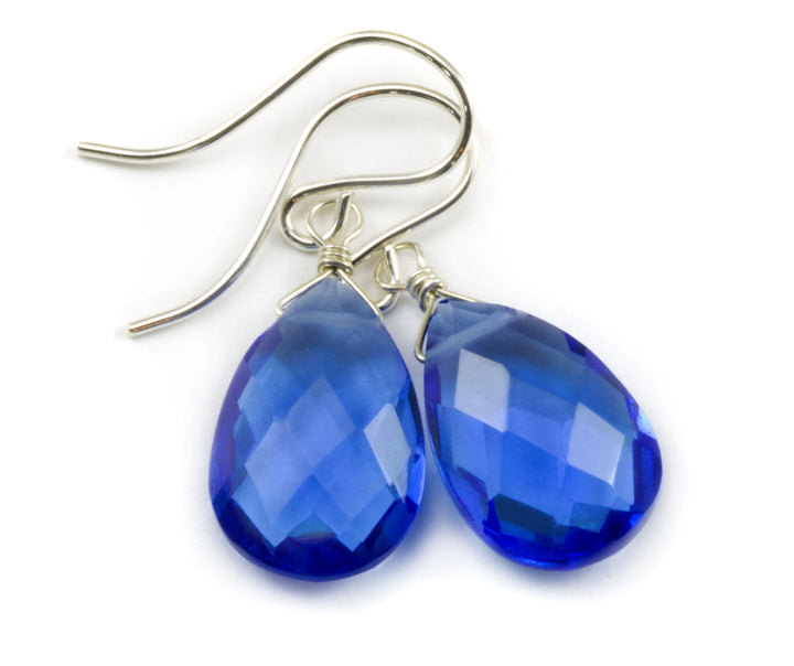 Sapphire Blue Earrings Faceted Simulated Pear Teardrop Drop Sterling Silver or 14k Solid Gold or Filled Simple Briolette Drops Simple Dainty