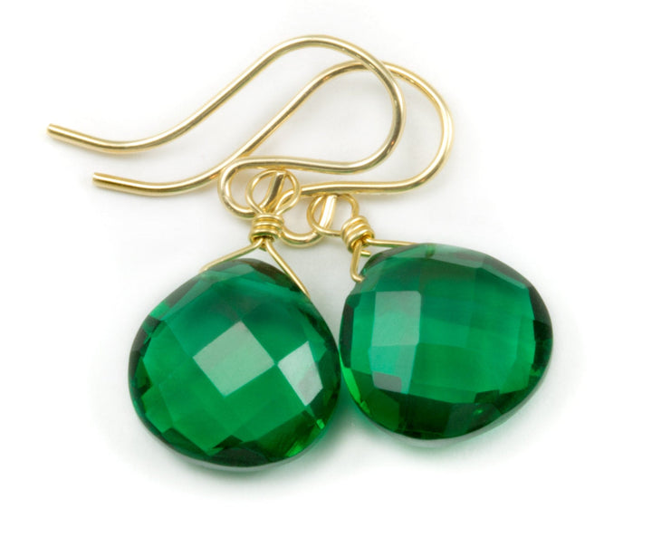 Emerald Green Earrings Faceted Simulated Emerald Heart Teardrop Drop 14k Solid Gold pr Filled or Sterling Silver Lightweight Dainty Simple