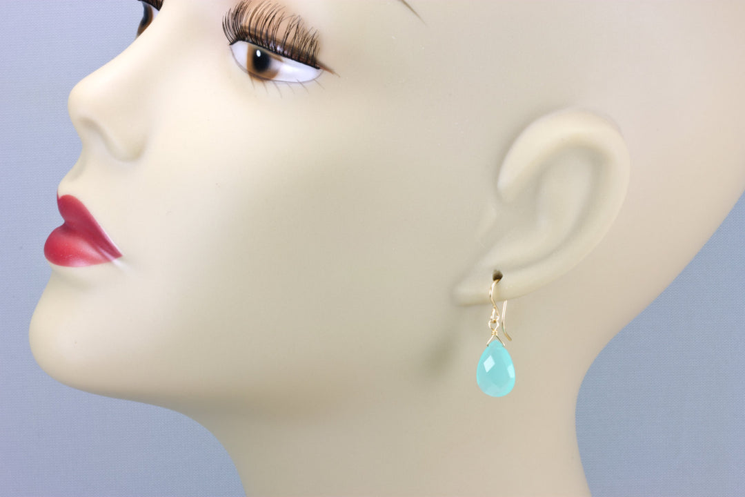 Aqua Blue Chalcedony Earrings 14k Solid Gold or Filled or Sterling Silver Teardrop Pear Faceted Soft Pale Blue Natural Dainty Everyday Drops