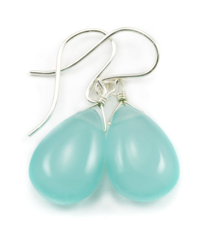 Aqua Blue Chalcedony Earrings Sterling Silver or 14k Solid Gold or Filled Teardrop Pear Smooth Cut Simple Natural Soft Blue Classic Daily