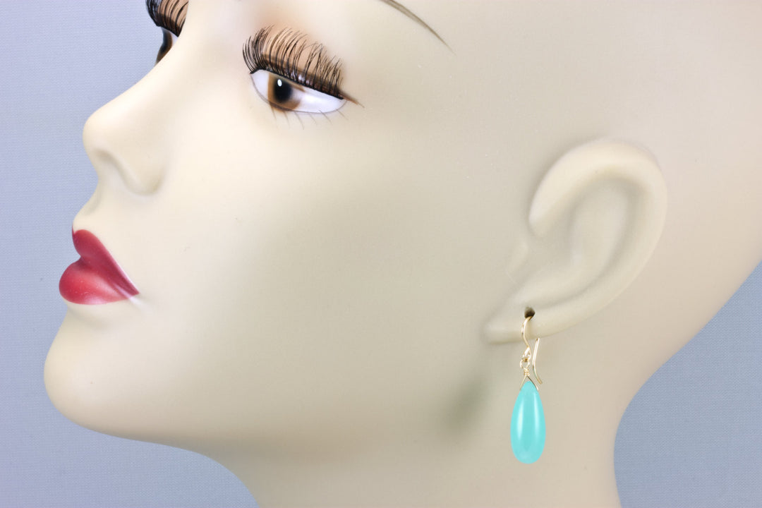 Aqua Blue Chalcedony Earrings 14k Solid Gold or Filled or Sterling Silver Long Teardrop Smooth Puffed Rounded Drops Soft Pale Simple Drops