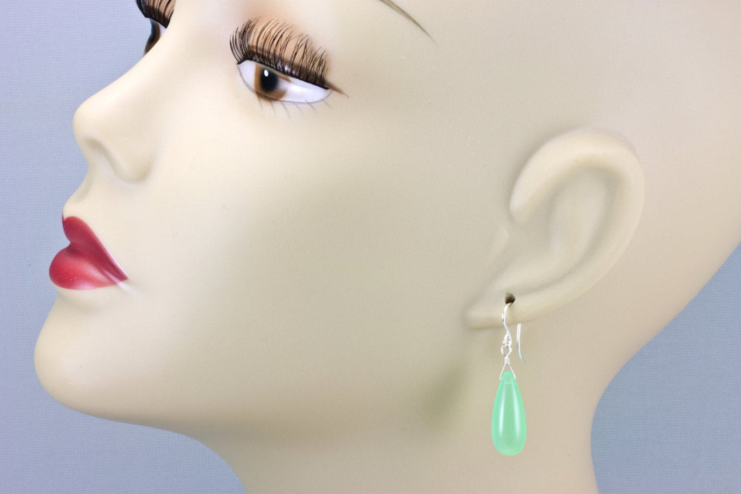 Green Chalcedony Earrings Long Teardrop  Smooth Sterling Silver or 14k Solid Yellow Gold or Filled AAA Pale Soft Green Rounded Drops Simple