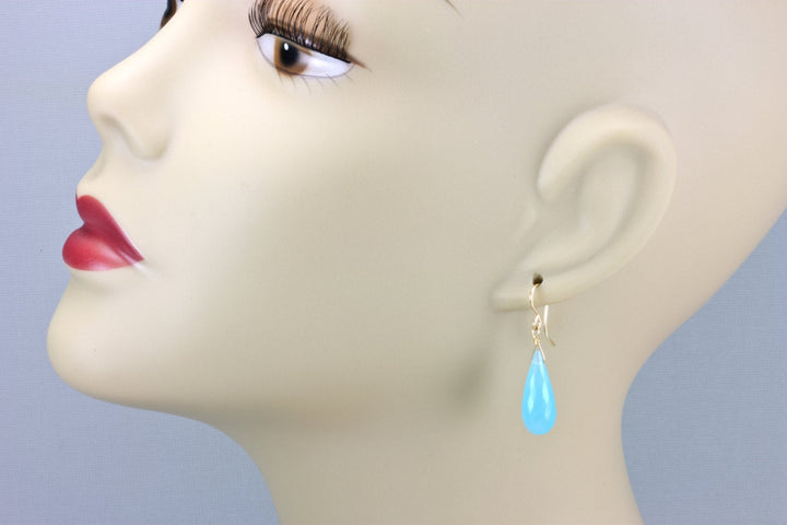 Light Blue Chalcedony Earrings Long Teardrop Briolettes Faceted 14k Solid Gold or Filled or Sterling Silver Sky Blue Micro Simple Drops