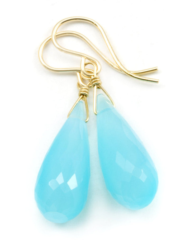 Light Blue Chalcedony Earrings Long Teardrop Briolettes Faceted 14k Solid Gold or Filled or Sterling Silver Sky Blue Micro Simple Drops