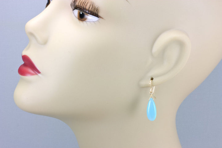 Light Blue Chalcedony Earrings Long Teardrop Shaped Smooth cut 14k Solid Gold or Filled Sterling Silver Puffed Pale Soft Blue Natural Drops