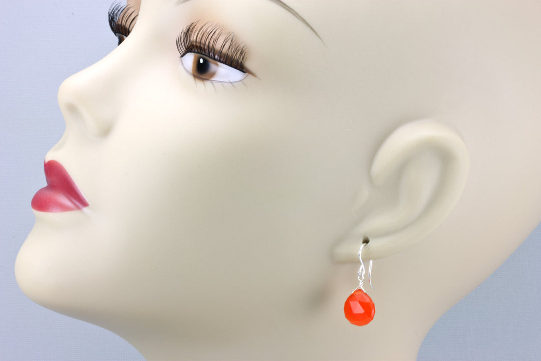 Carnelian Earrings Natural Orange Faceted Heart Drop Sterling silver or 14k Solid Gold or Filled Earthy Orange Chalcedony Basic simple