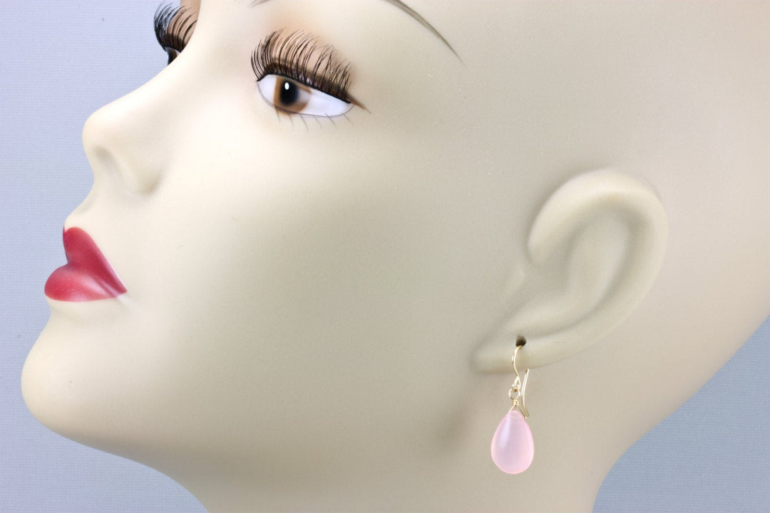 Pink Chalcedony Earrings 14k Solid Gold or  Filled or Sterling Silver Smooth Natural Pear Soft Pale Light Pink Dainty Simple Classic drops