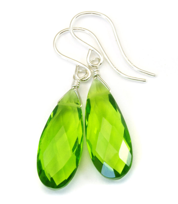 Green Peridot Faceted Earrings Long Teardrop Sim Quartz Cut Sterling Silver or 14k Solid Gold  or Yellow or Rose Filled Simple Drops