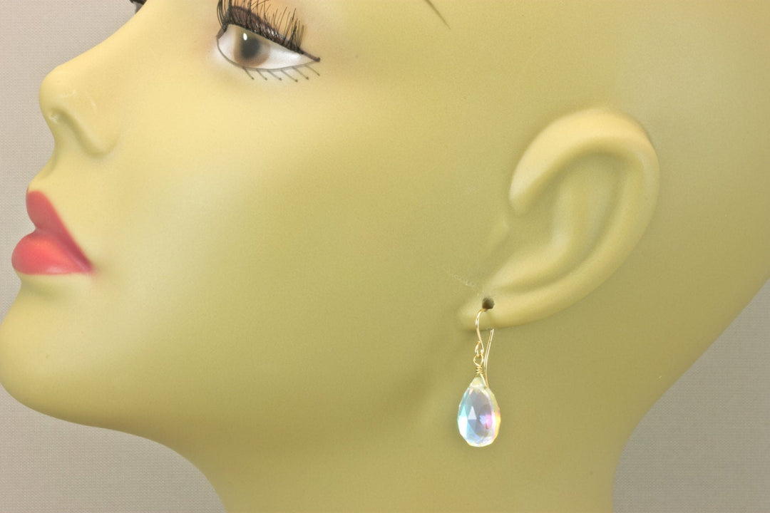 Mystic Clear Rainbow Quartz Earrings Pear  Teardrop Faceted 14k Solid Gold or Filled or Sterling Silver Irisedescent colors simple drops