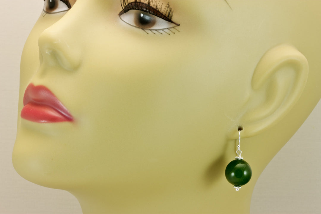Serpentine Earrings Green Jade Color Round Cut Bead Accents 14k Solid Gold or Filled or Sterling Silver Smooth Spyglass Designs Simple Drops