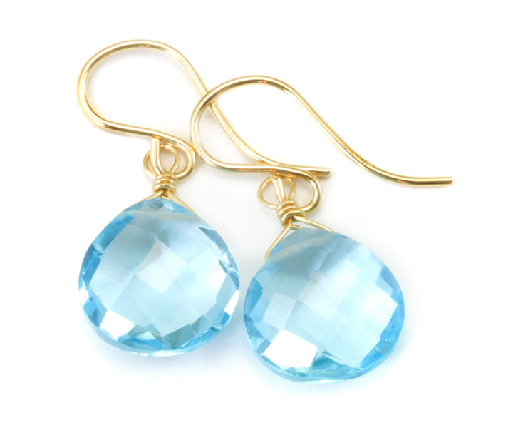 Swiss Blue Earrings Faceted Simulated Topaz Baby Blue Drops 14k Solid Gold or Filled or Sterling Silver Heart Simple Dainty Dangle Drop