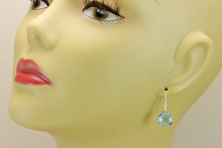 Swiss Blue Earrings Faceted Simulated Topaz Baby Blue Drops 14k Solid Gold or Filled or Sterling Silver Heart Simple Dainty Dangle Drop