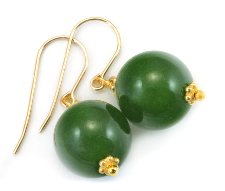 Serpentine Earrings Green Jade Color Round Cut Bead Accents 14k Solid Gold or Filled or Sterling Silver Smooth Spyglass Designs Simple Drops