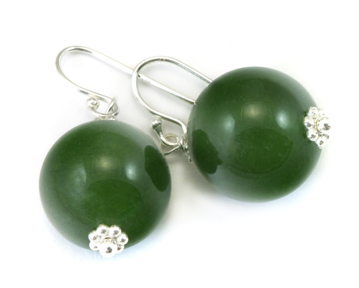 Serpentine Earrings Green Jade Color Round Cut Bead Accents 14k Solid Gold or Filled or Sterling Silver Smooth Spyglass Designs Simple Drops