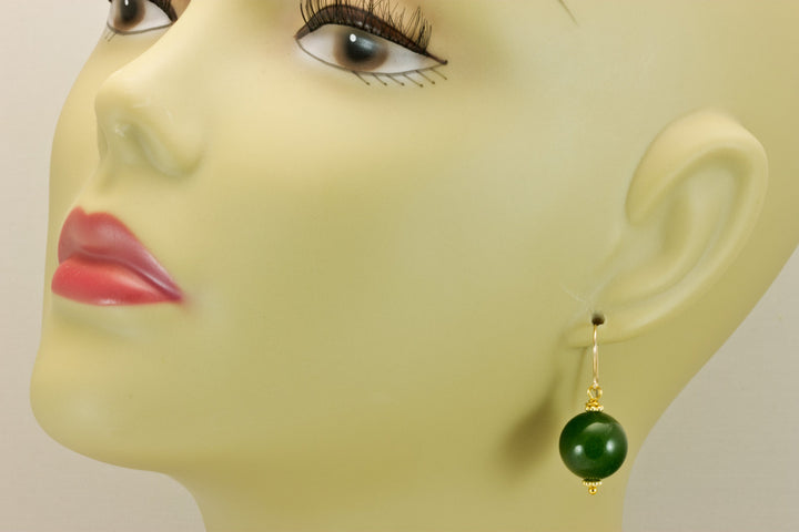 Serpentine Earrings Green Jade Color Round Cut Bead Accents 14k Solid Gold or Filled or Sterling Silver Smooth Spyglass Designs Simple Drops