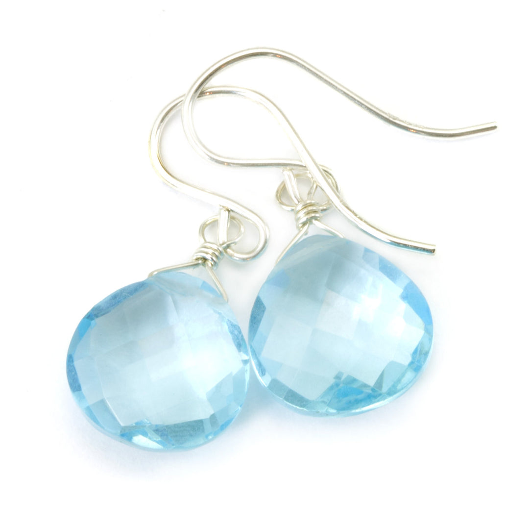 Swiss Blue Earrings Faceted Simulated Topaz Baby Blue Drops 14k Solid Gold or Filled or Sterling Silver Heart Simple Dainty Dangle Drop