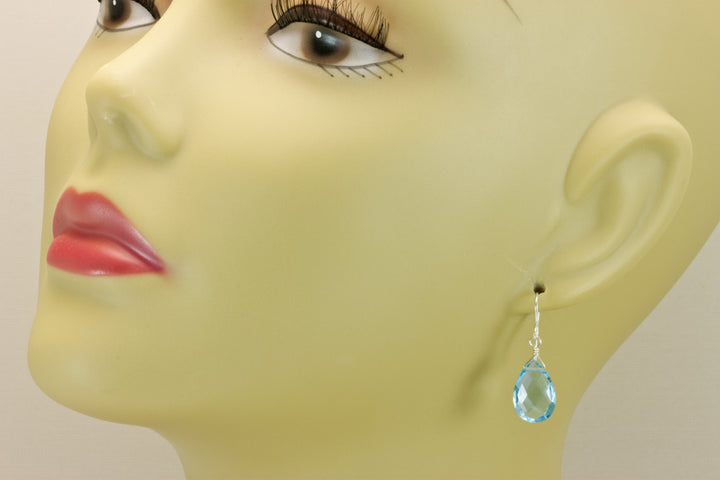 Swiss Blue Sim Topaz Earrings Baby Blue Pears 14k Solid Yellow Gold or Filled or Sterling Silver Pear Teardrops Light Simple Dainty Drop