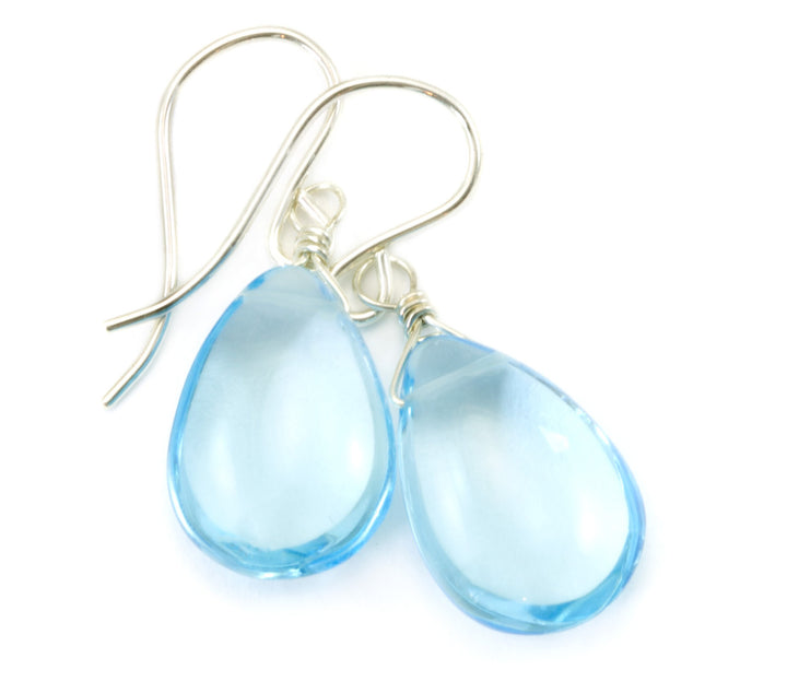 Swiss Blue Earrings SImulated Topaz Baby Blue Pears 14k Solid Yellow Gold or Filled or Sterling Silver Smooth Teardrops Simple Light Drop