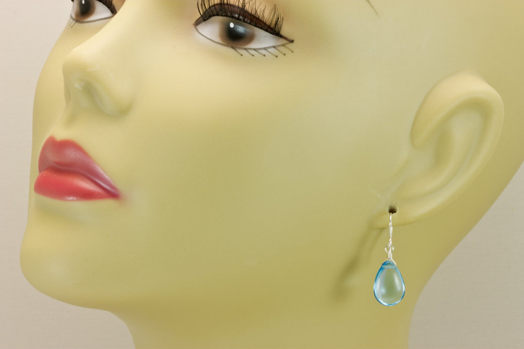 Swiss Blue Earrings SImulated Topaz Baby Blue Pears 14k Solid Yellow Gold or Filled or Sterling Silver Smooth Teardrops Simple Light Drop